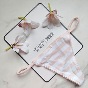 NWT VICTORIA'S SECRET RIBBED STRETCH COTTON V-STRING PANTY IN PINK STRIPE SIZE M